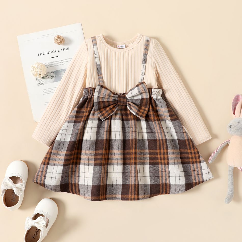 Toddler Girl Faux-two Plaid Splice Bowknot Design Long-sleeve Dress Brown