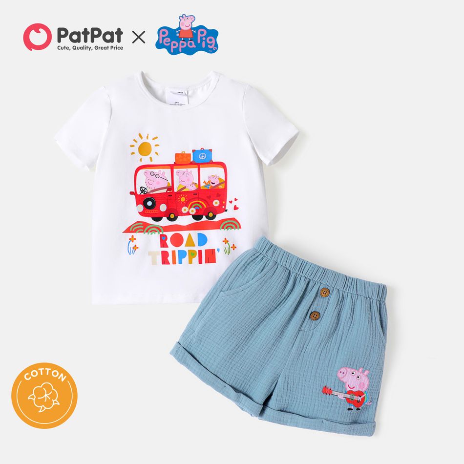 Peppa Pig 2pcs Toddler Girl/Boy Vehicle Print Short-sleeve Cotton Tee and Blue Cotton Shoorts Set MAINCOLOR