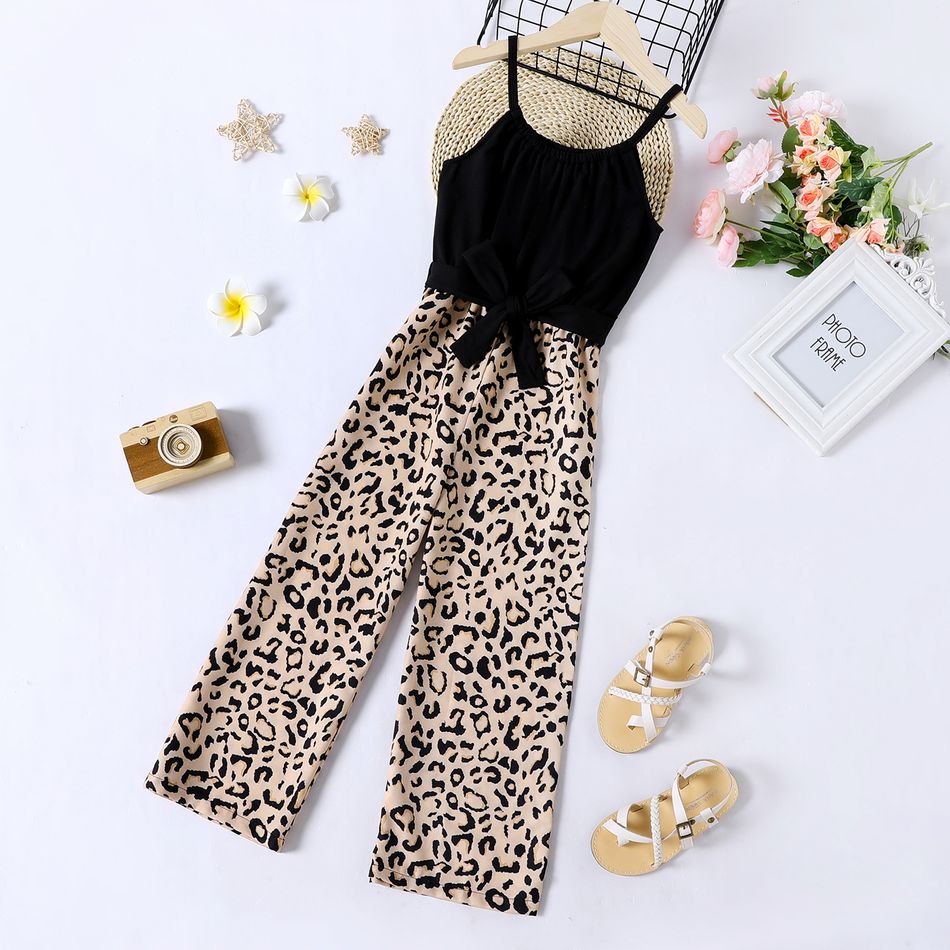 Kid Girl Leopard Print Splice Belted Colorblock Slip Jumpsuits Black