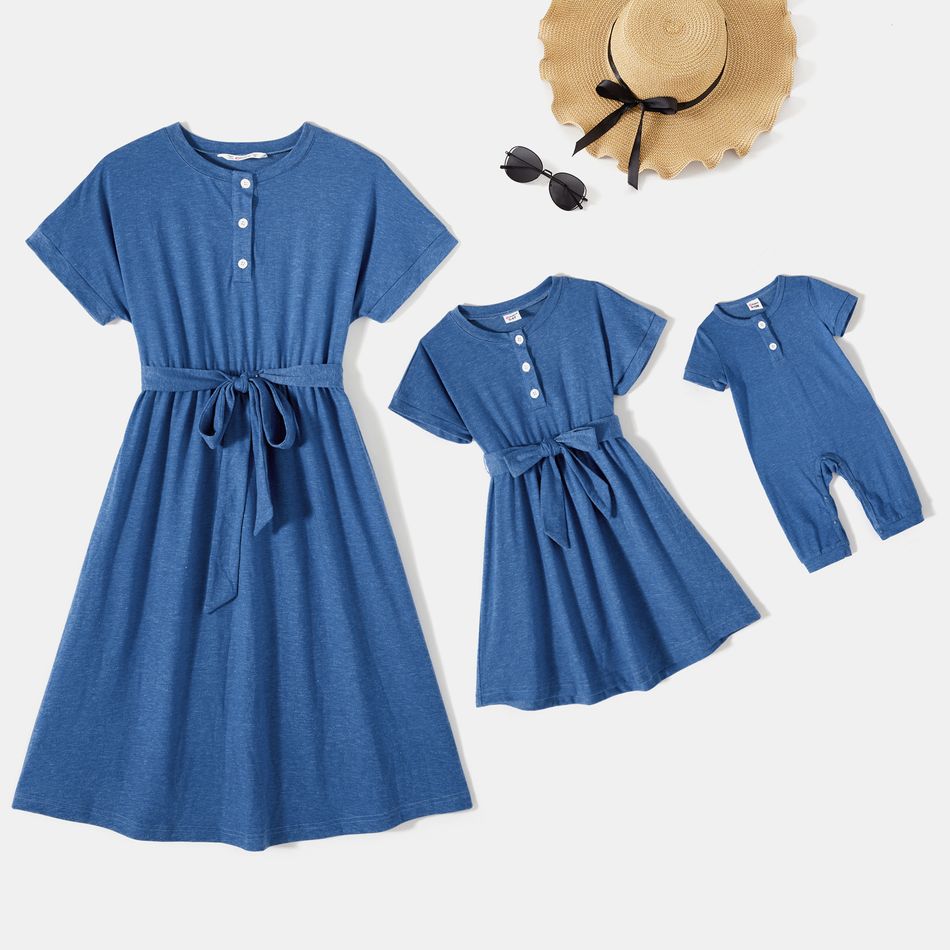 Solid Round Neck Button Down Short-sleeve Belted Dress for Mom and Me Dark Blue