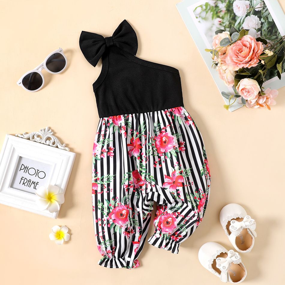 Baby Girl Solid and Stripe & Floral Print Spliced One Shoulder Sleeveless Jumpsuit Color block