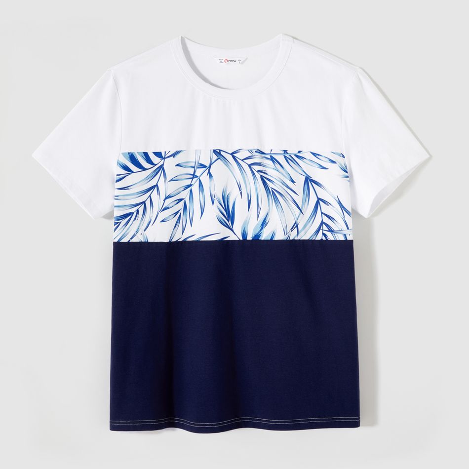 Family Matching Allover Palm Leaf Print & Solid Spliced Surplice Neck Flutter-sleeve Dresses and Colorblock Short-sleeve T-shirts Sets sapphirebluewhite big image 10