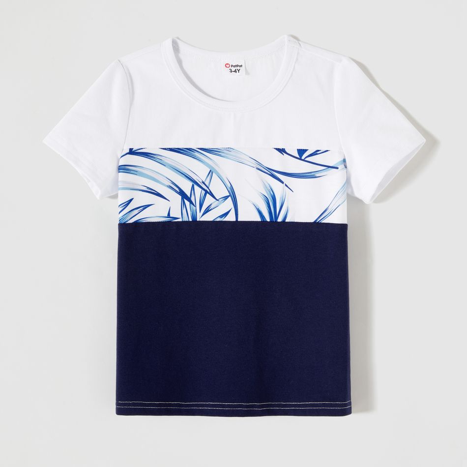 Family Matching Allover Palm Leaf Print & Solid Spliced Surplice Neck Flutter-sleeve Dresses and Colorblock Short-sleeve T-shirts Sets sapphirebluewhite big image 11
