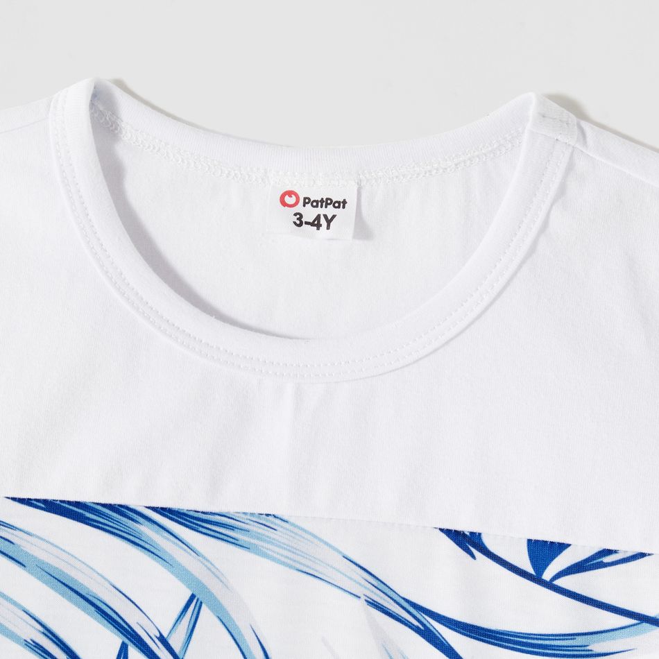 Family Matching Allover Palm Leaf Print & Solid Spliced Surplice Neck Flutter-sleeve Dresses and Colorblock Short-sleeve T-shirts Sets sapphirebluewhite big image 12