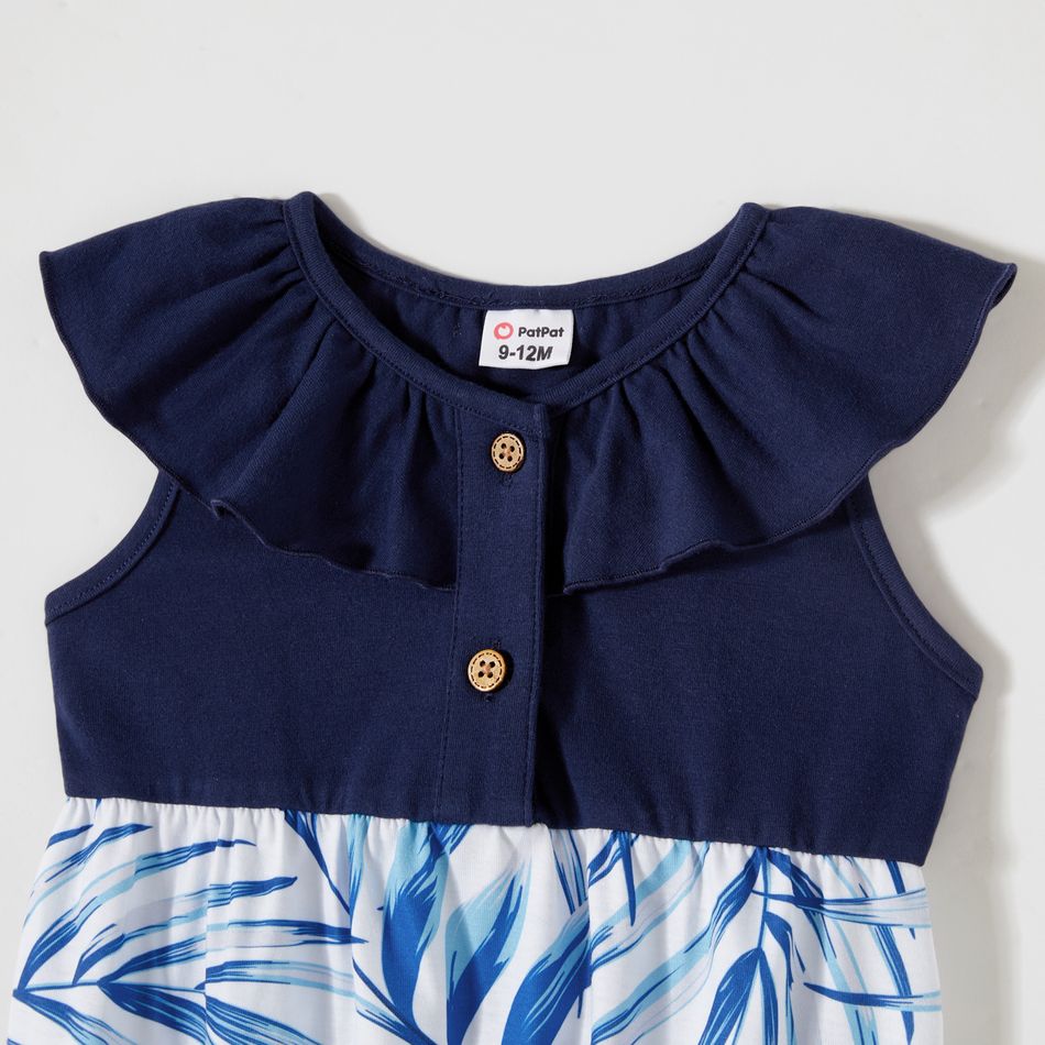 Family Matching Allover Palm Leaf Print & Solid Spliced Surplice Neck Flutter-sleeve Dresses and Colorblock Short-sleeve T-shirts Sets sapphirebluewhite big image 8