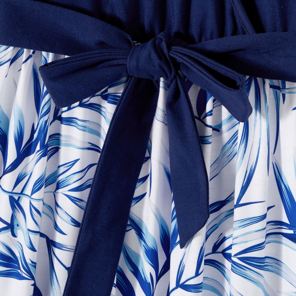 Family Matching Allover Palm Leaf Print & Solid Spliced Surplice Neck Flutter-sleeve Dresses and Colorblock Short-sleeve T-shirts Sets sapphirebluewhite big image 4