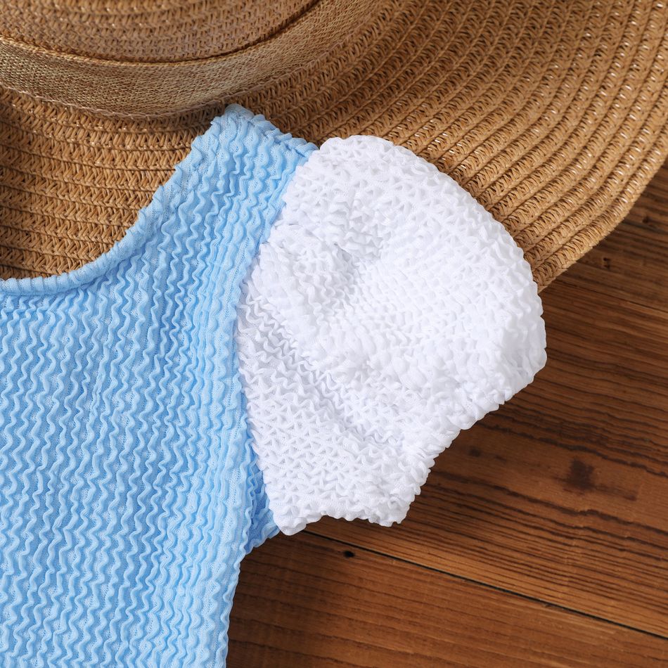 Baby Girl Colorblock Textured Puff-sleeve Ruffle Trim One-Piece Swimsuit BLUEWHITE big image 3