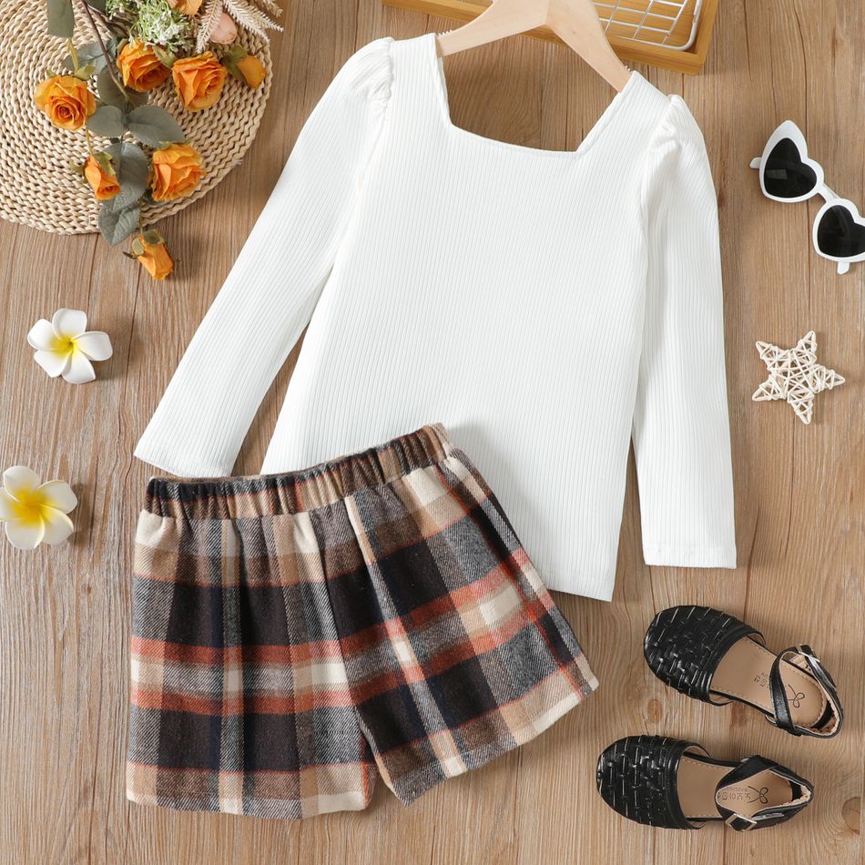 2pcs Kid Girl Square Neck Long-sleeve Ribbed White Tee and Plaid Button Design Irregular Shorts Set Khaki big image 2