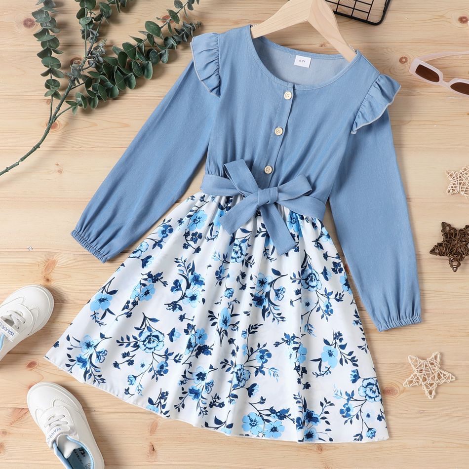 Kid Girl Floral Print Denim Splice Button Design Belted Long-sleeve Dress Blue