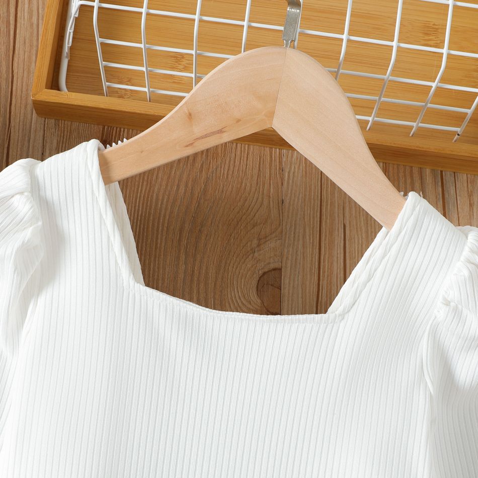 2pcs Kid Girl Square Neck Long-sleeve Ribbed White Tee and Plaid Button Design Irregular Shorts Set Khaki big image 3