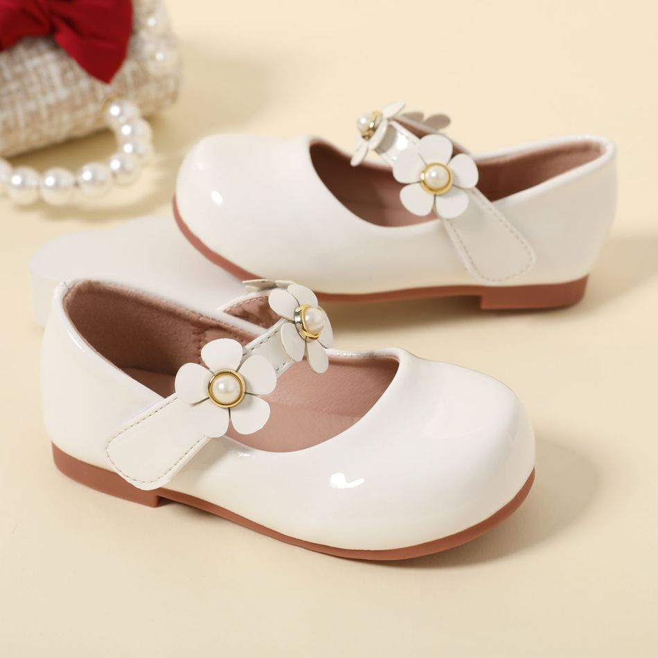 Toddler / Kid Faux Pearl Floral Decor White Flats Mary Jane Shoes White