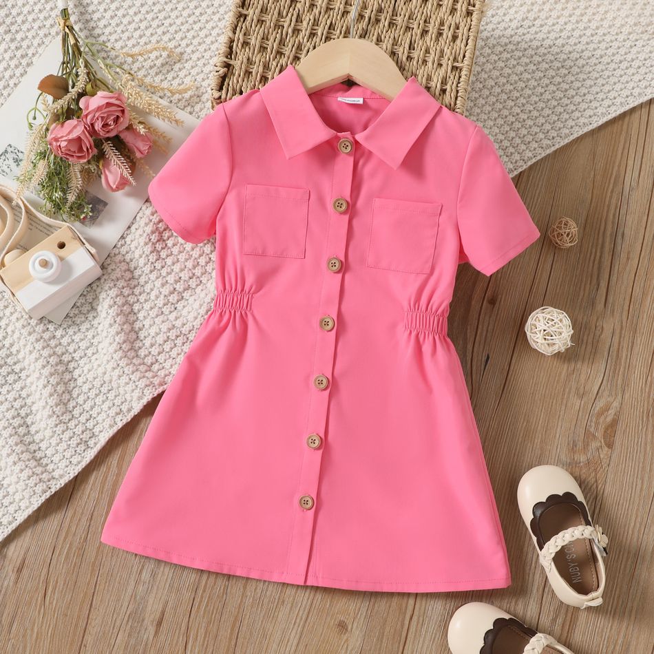 Toddler Girl Lapel Collar Button Design Short-sleeve Pink Dress Roseo