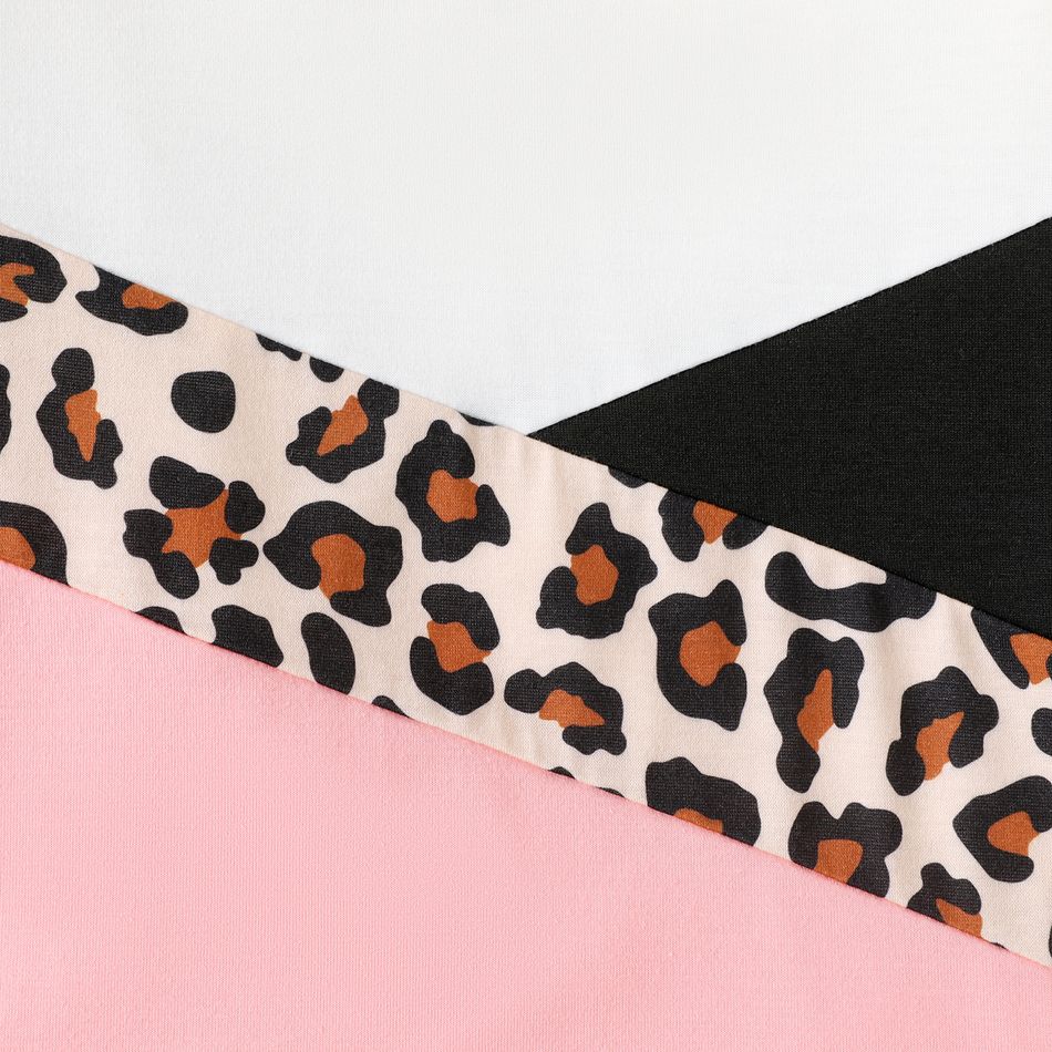 2pcs Kid Girl Leopard Print Colorblock Long-sleeve Tee and Black Leggings Set ColorBlock big image 2