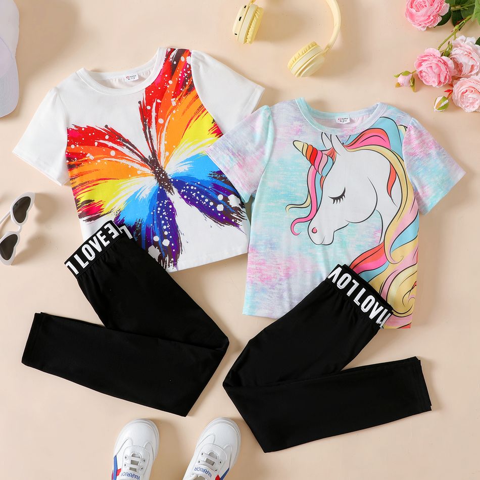 2pcs Kid Girl Unicorn Print Tie Dyed/ Butterfly Print Short-sleeve Tee and Letter Print Black Leggings Set Colorful big image 2