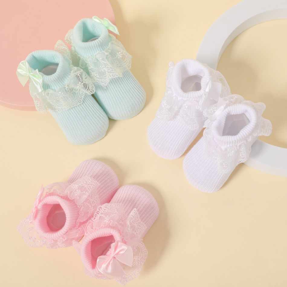 3 pares de meias sólidas com acabamento em renda para bebê/criança Cor-A big image 2