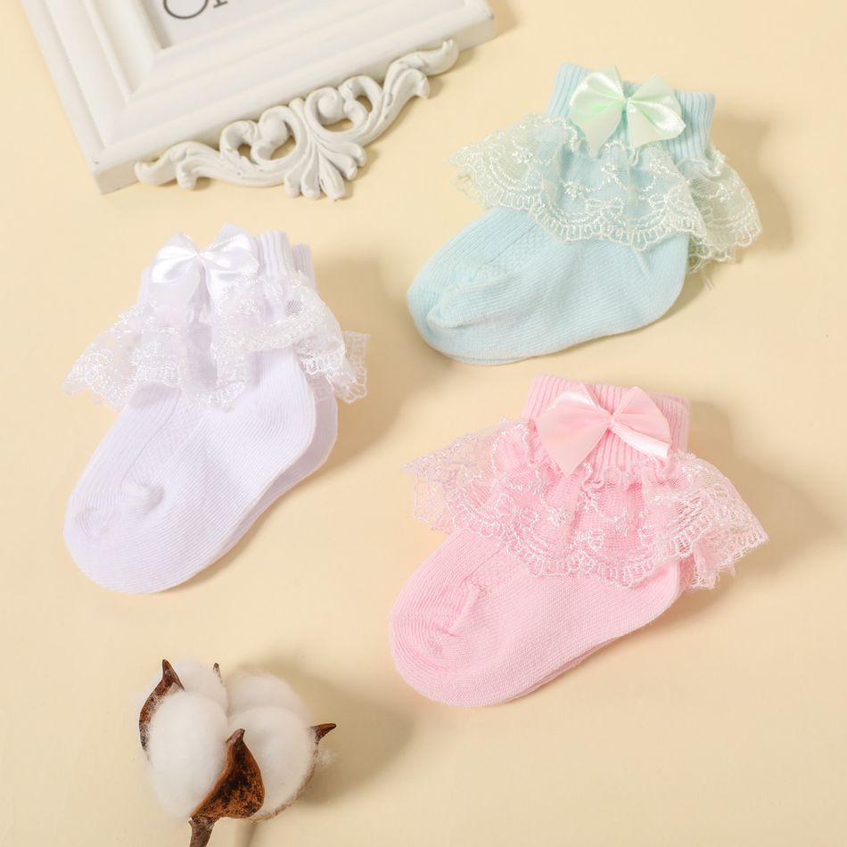3 pares de meias sólidas com acabamento em renda para bebê/criança Cor-A