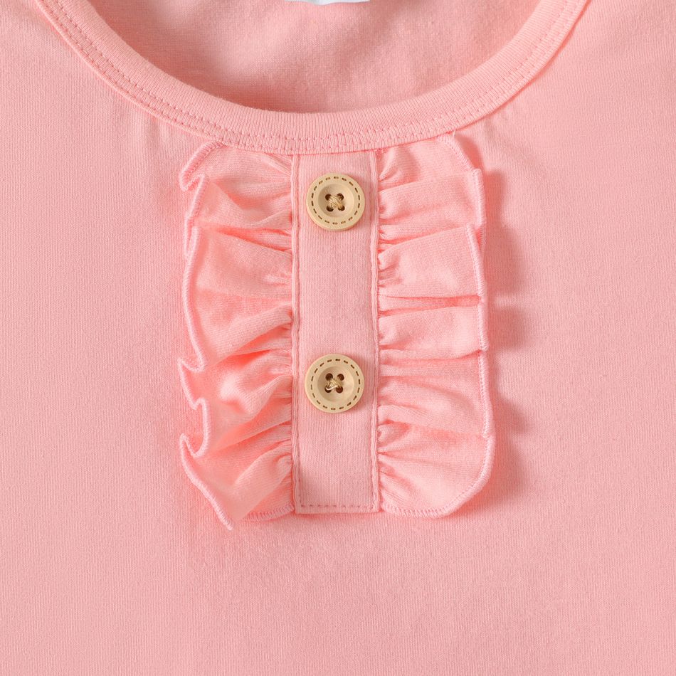 Kid Girl Solid Color Ruffled Short-sleeve Cotton Tee Pink big image 3