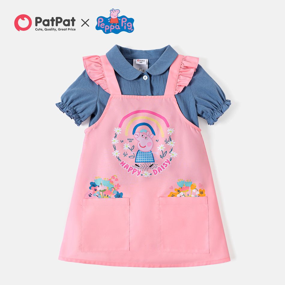Peppa Pig 2pcs Toddler Girl Doll Collar Denim Short-sleeve Cotton Tee and Floral Print Pocket Design Pink Overall Dress Set Light Pink