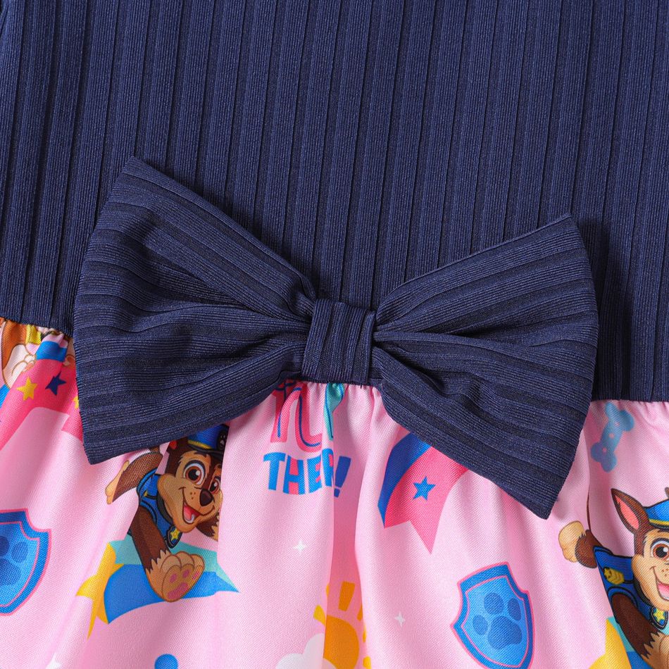باو باترول طفل فتاة bowknot تصميم مضلع إلكتروني طباعة لصق فستان طويل الأكمام أزرق big image 4