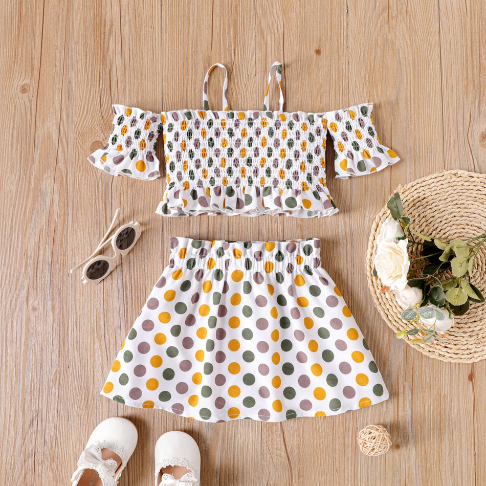 2pcs Toddler Girl Polka dots Smocked Camisole and Elasticized Skirt Set White