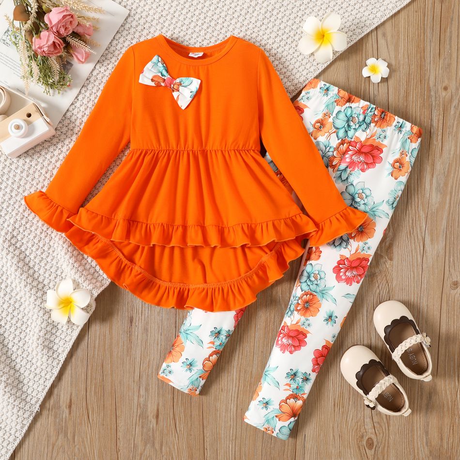 2pcs Toddler Girl Bowknot Design Ruffled High Low Long-sleeve Tee and Floral Print Leggings Set Orange