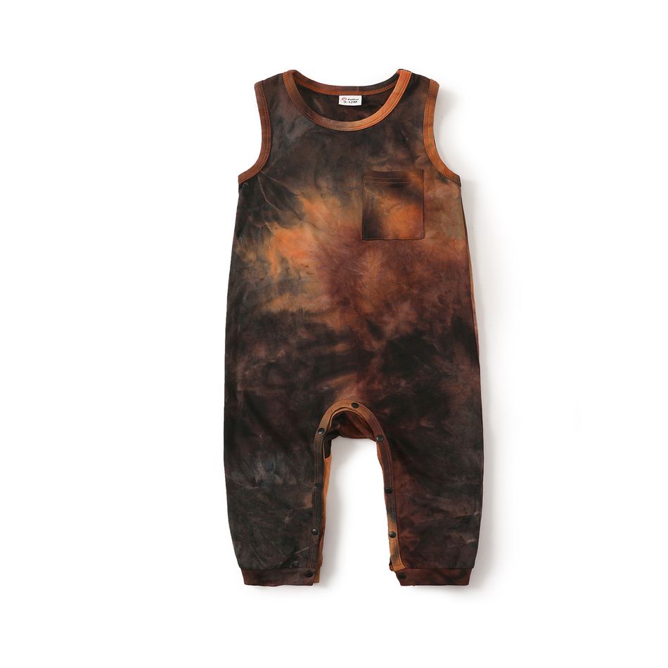 Family Matching Brown Tie Dye Ruched Bodycon Tank Dresses and Short-sleeve T-shirts Sets Brown big image 5