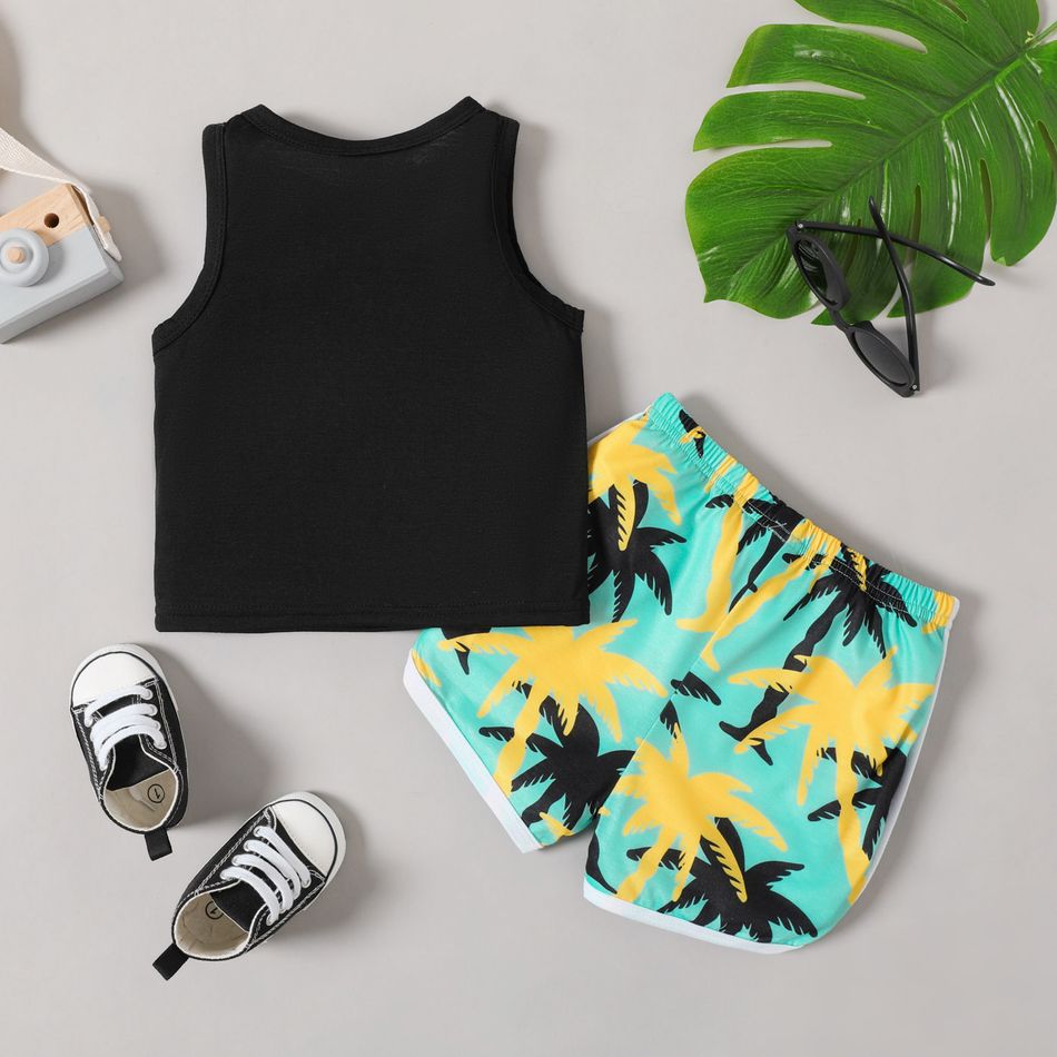 2pcs Baby Girl Letter Print Tank Top and All Over Coconut Tree Print Shorts Set Colorful big image 2