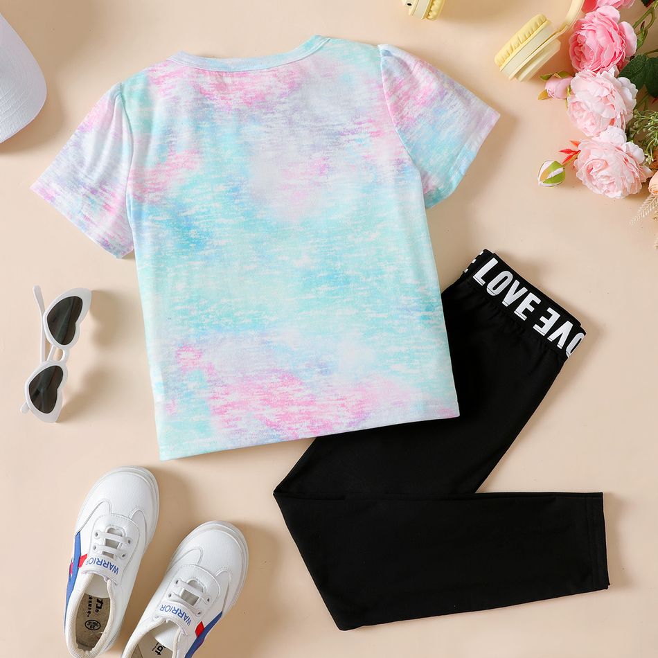 2pcs Kid Girl Unicorn Print Tie Dyed/ Butterfly Print Short-sleeve Tee and Letter Print Black Leggings Set Colorful big image 5