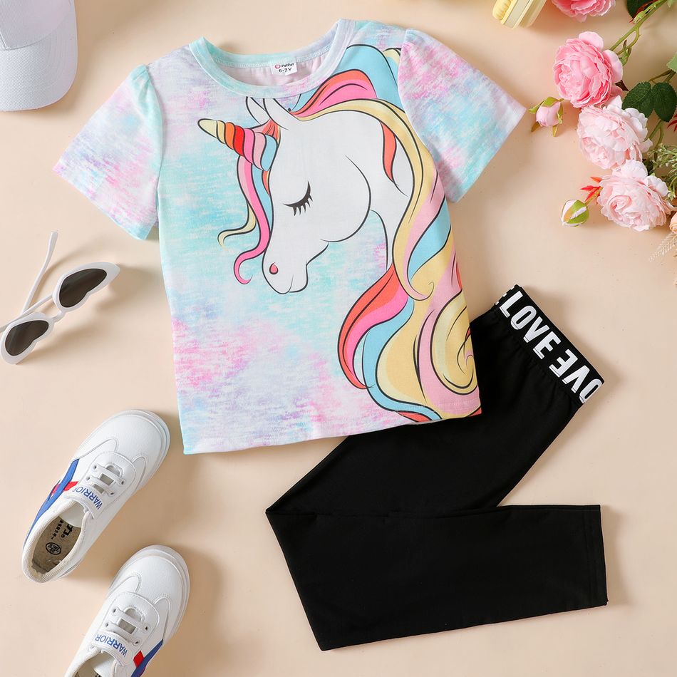 2pcs Kid Girl Unicorn Print Tie Dyed/ Butterfly Print Short-sleeve Tee and Letter Print Black Leggings Set Colorful big image 1