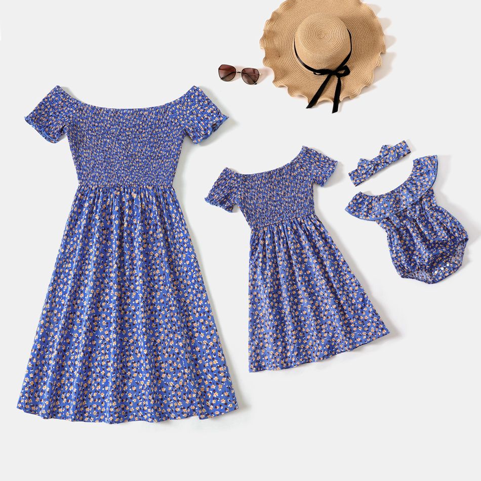 Allover Floral Print Off Shoulder Short-sleeve Shirred Dress for Mom and Me Blue