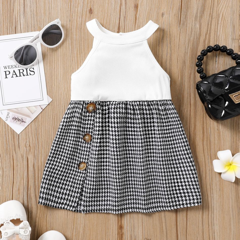 Baby Girl Halter Rib Knit Splicing Houndstooth Button Front Split Dress BlackandWhite