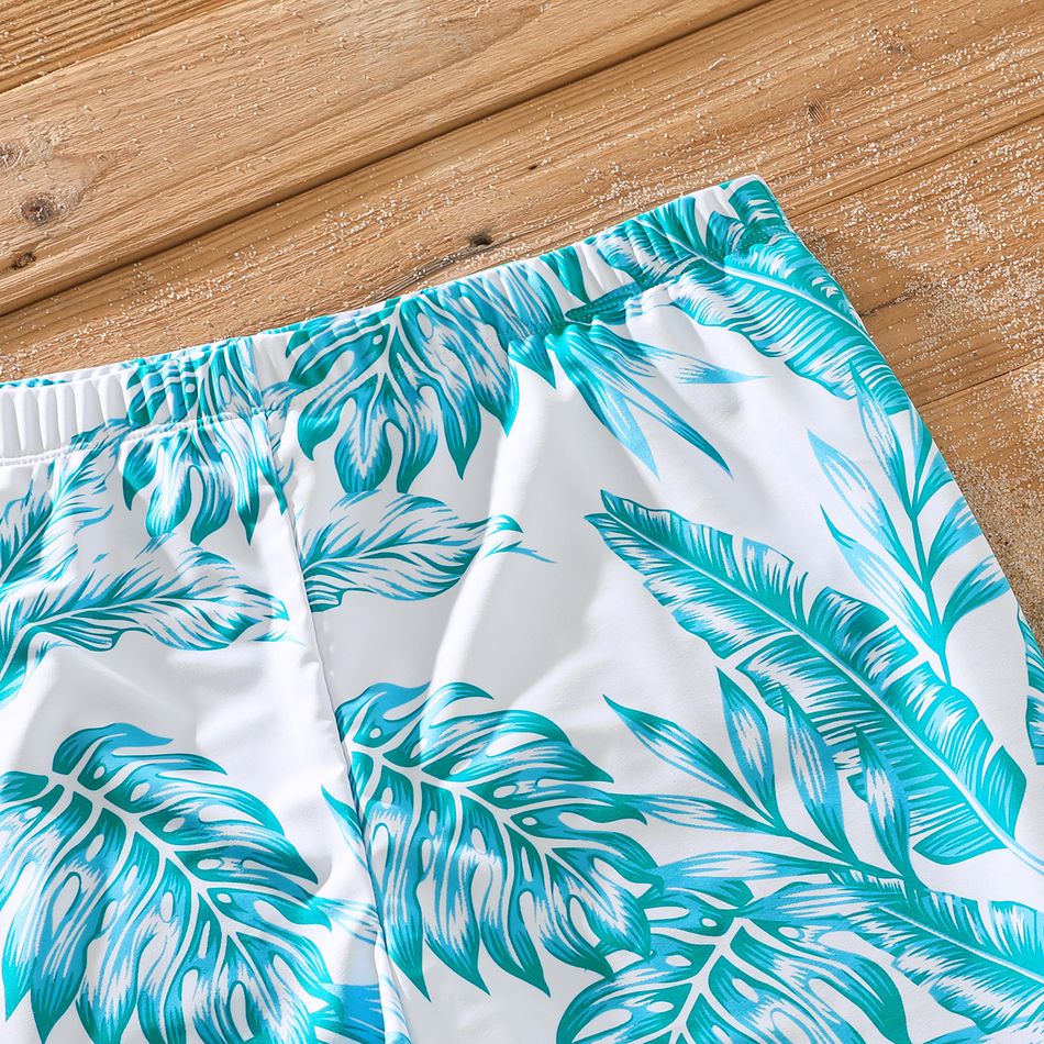 Family Matching Colorblock Textured Self-tie One-Piece Swimsuit and Allover Palm Leaf Print Swim Trunks Shorts BlueGreen big image 13