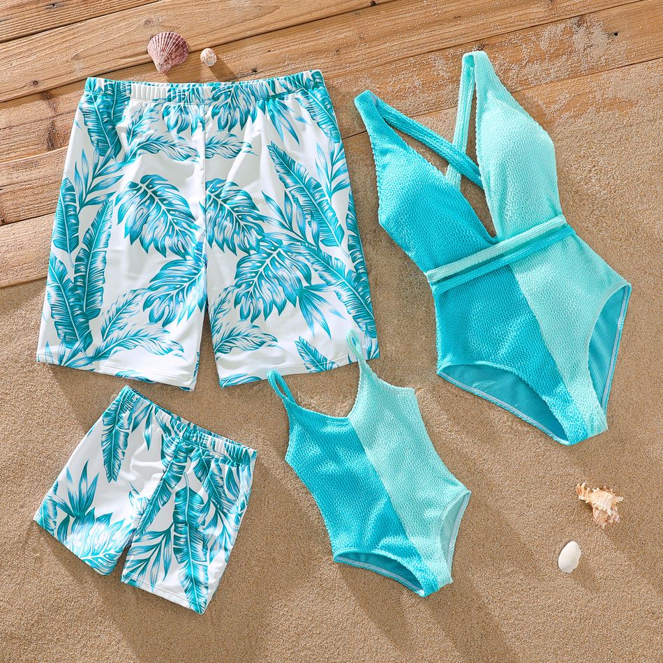 Family Matching Colorblock Textured Self-tie One-Piece Swimsuit and Allover Palm Leaf Print Swim Trunks Shorts BlueGreen