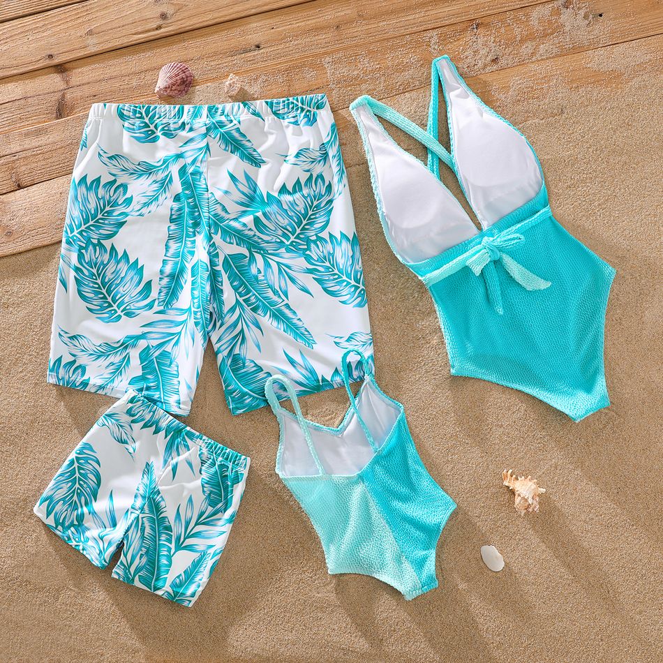 Family Matching Colorblock Textured Self-tie One-Piece Swimsuit and Allover Palm Leaf Print Swim Trunks Shorts BlueGreen big image 2
