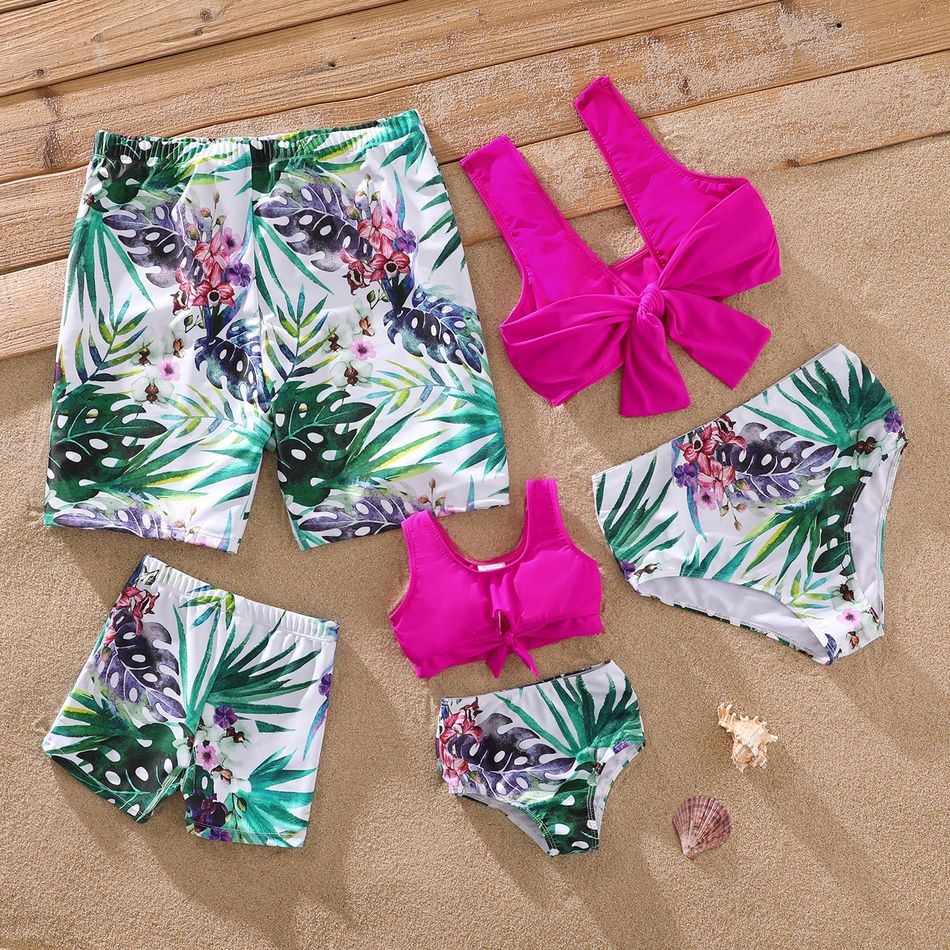 Family Matching Solid & Allover Tropical Plants Print Self Tie Bikini Set Swimwear and Swim Trunks Shorts Purple