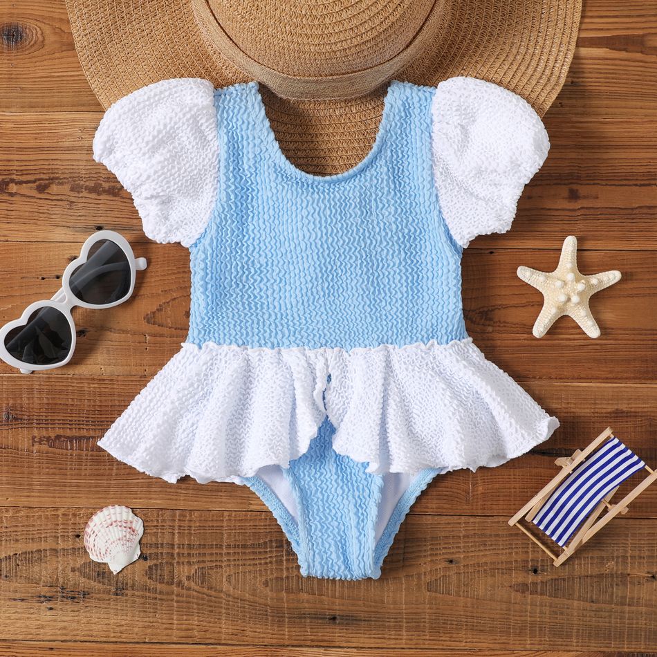 Baby Girl Colorblock Textured Puff-sleeve Ruffle Trim One-Piece Swimsuit BLUEWHITE