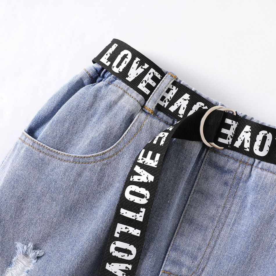 Kid Girl Ripped Denim Jeans with Letter Print Belt Light Blue big image 2