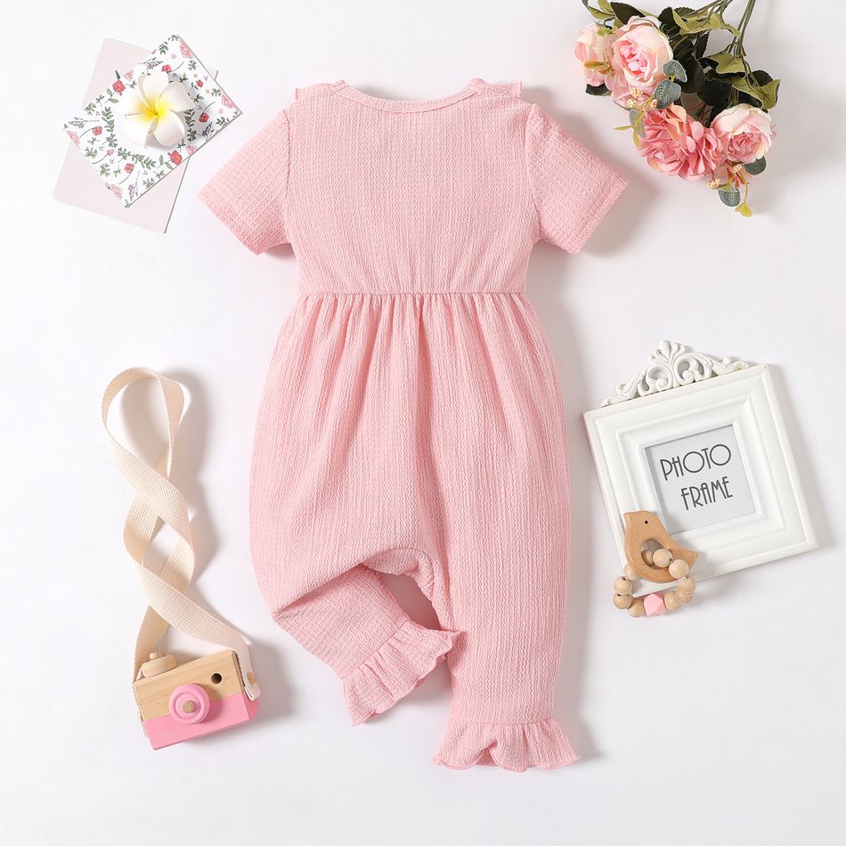 Baby Girl Solid Textured Ruffle Trim Short-sleeve Jumpsuit DirtyPink big image 3