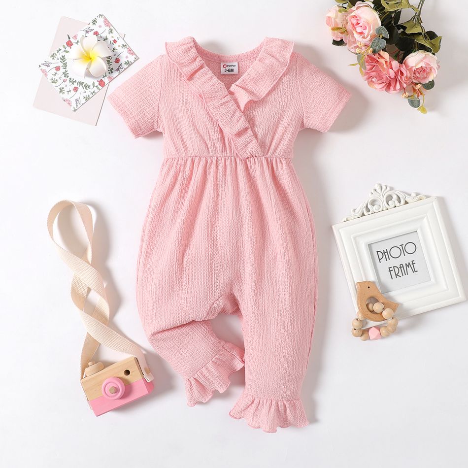 Baby Girl Solid Textured Ruffle Trim Short-sleeve Jumpsuit DirtyPink big image 1