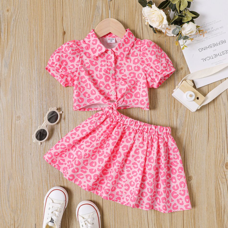 2pcs Toddler Girl Leopard Print Lapel Collar Tie Knot Short-sleeve Blouse and Skirt Set Pink