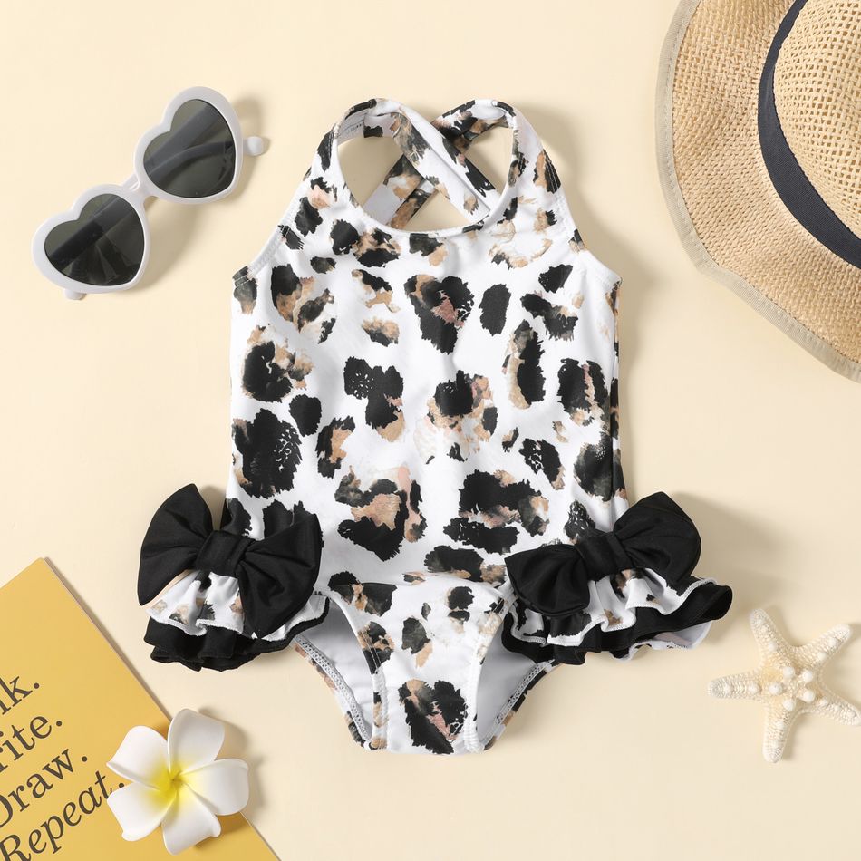 Baby Girl Bowknot Decor Ruffle Trim Leopard Print One-Piece Swimsuit BrownishBlack