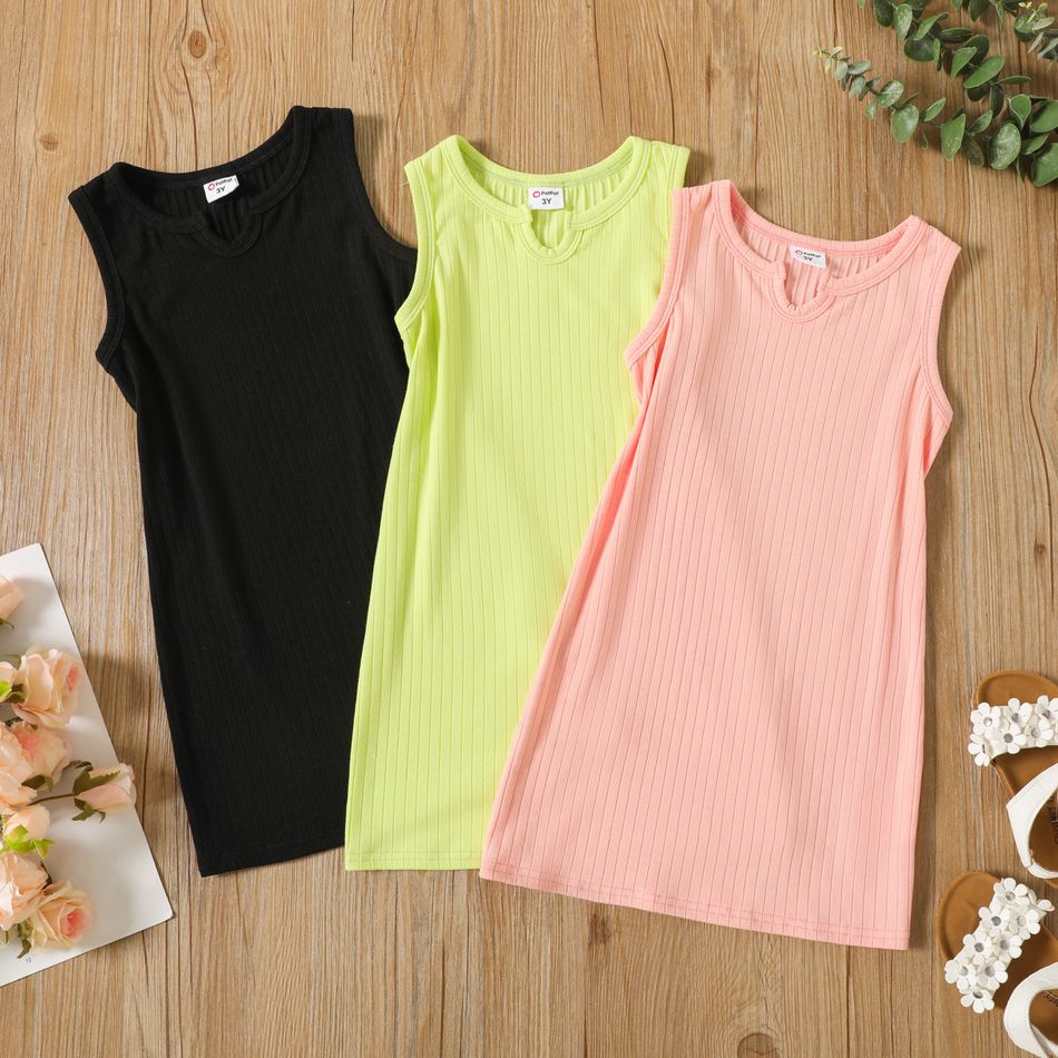 Toddler Girl Basic Solid Color Ribbed Split Neck Sleeveless Dress pink big image 2