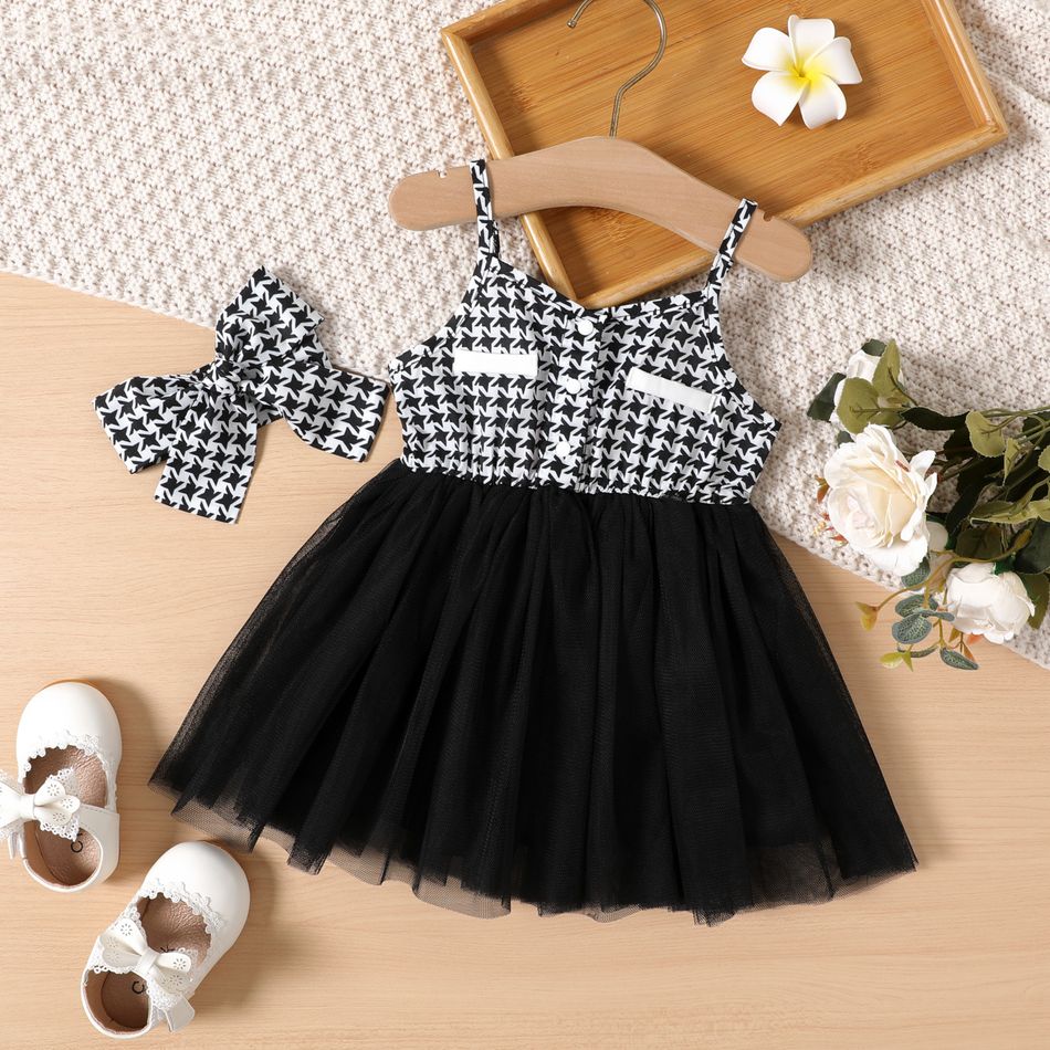 2pcs Baby Girl Houndstooth Spaghetti Strap Splicing Mesh Dress with Headband Set Black