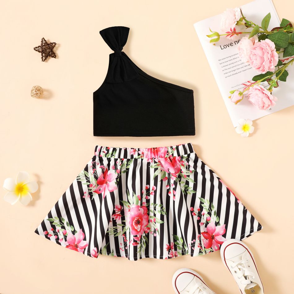 2pcs Toddler Bowknot Design One Shoulder Black Tee and Floral Print Stripe Skirt Set Black