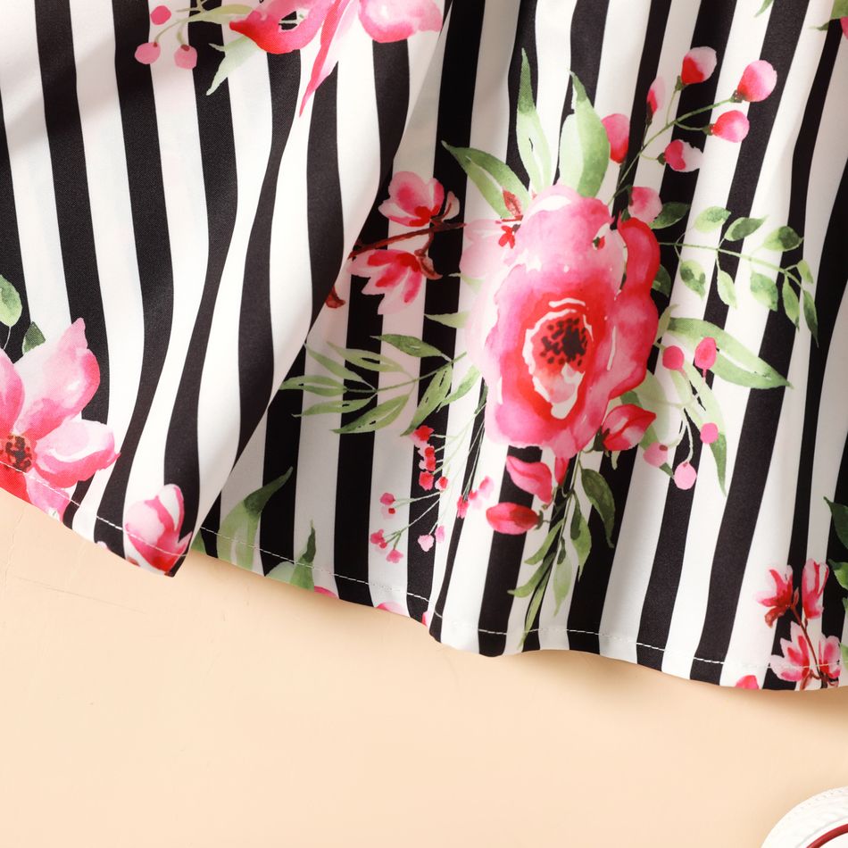 2pcs Toddler Bowknot Design One Shoulder Black Tee and Floral Print Stripe Skirt Set Black big image 5
