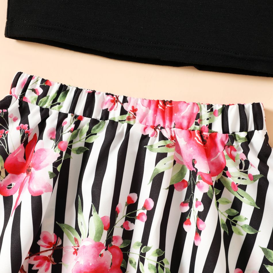 2pcs Toddler Bowknot Design One Shoulder Black Tee and Floral Print Stripe Skirt Set Black big image 4