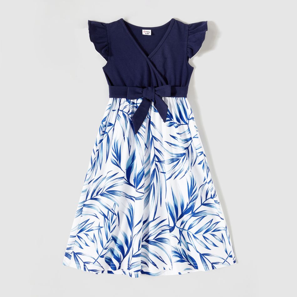Family Matching Allover Palm Leaf Print & Solid Spliced Surplice Neck Flutter-sleeve Dresses and Colorblock Short-sleeve T-shirts Sets sapphirebluewhite big image 6