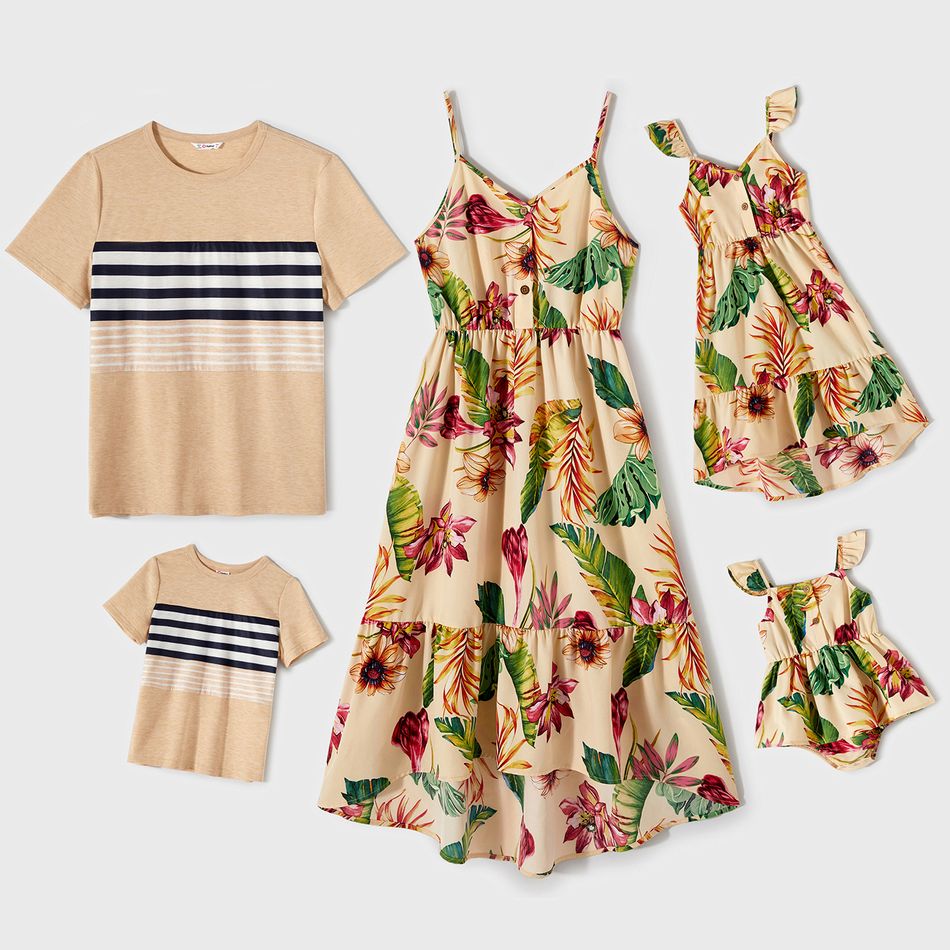 Family Matching Allover Floral Print Asymmetrical Hem Cami Dresses and Short-sleeve Striped Spliced T-shirts Sets LightApricot