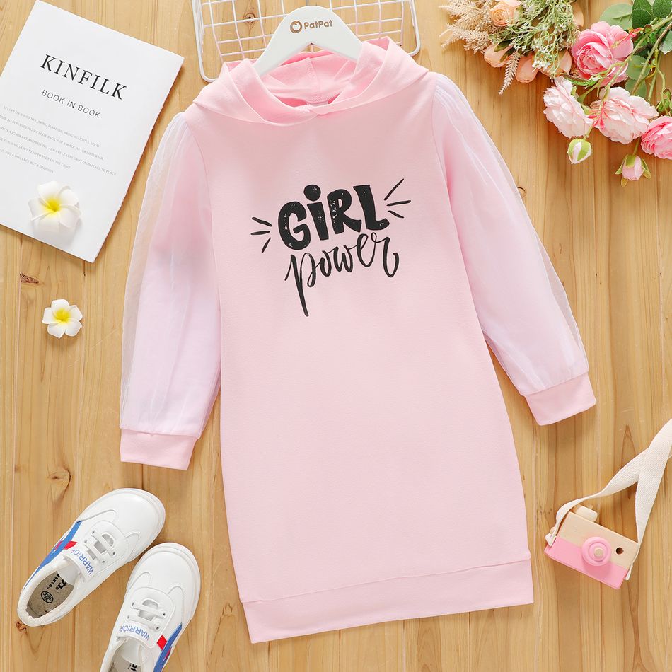Kid Girl Letter Print Mesh Design Hooded Long-sleeve Pink Dress Pink