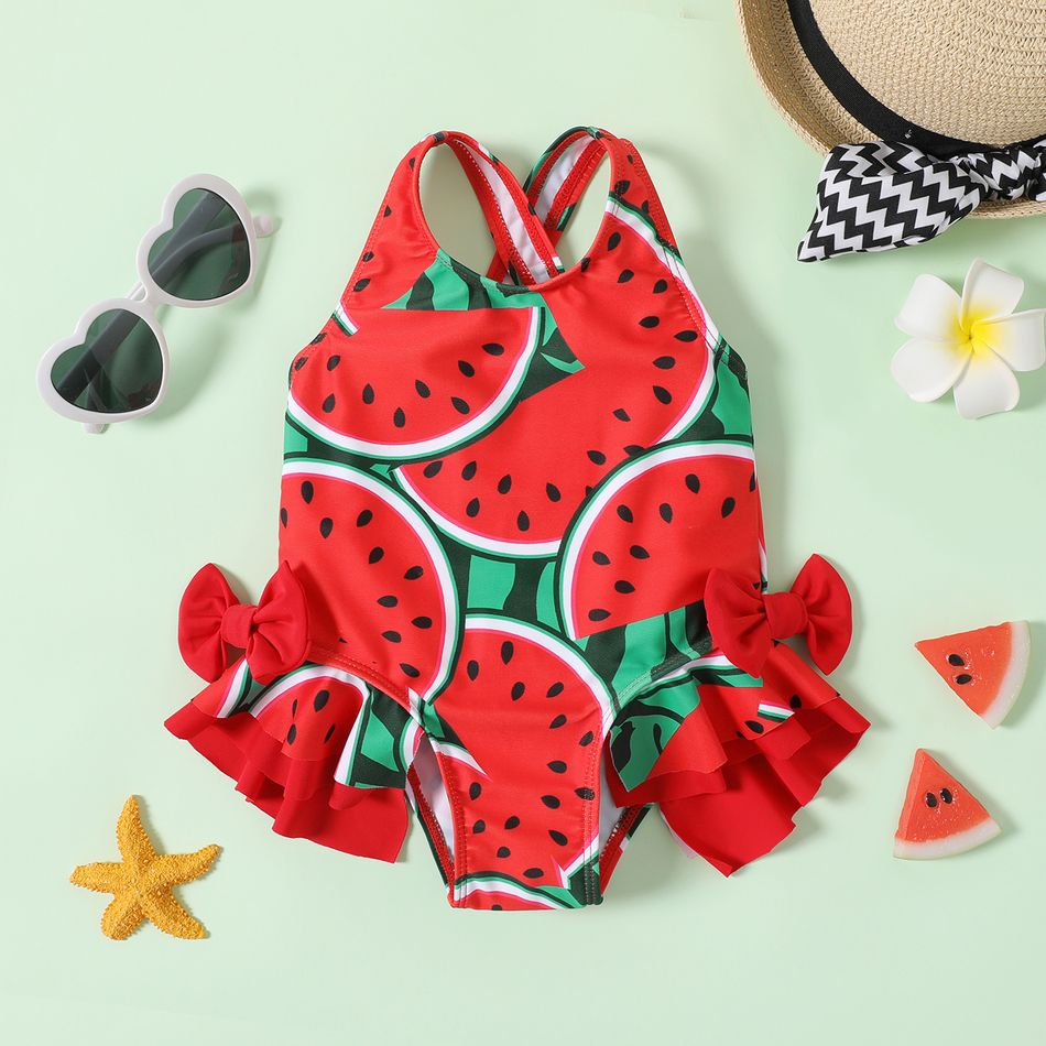 Baby Girl Red Watermelon Print Bowknot Ruffle Trim One-Piece Swimsuit BrightRed